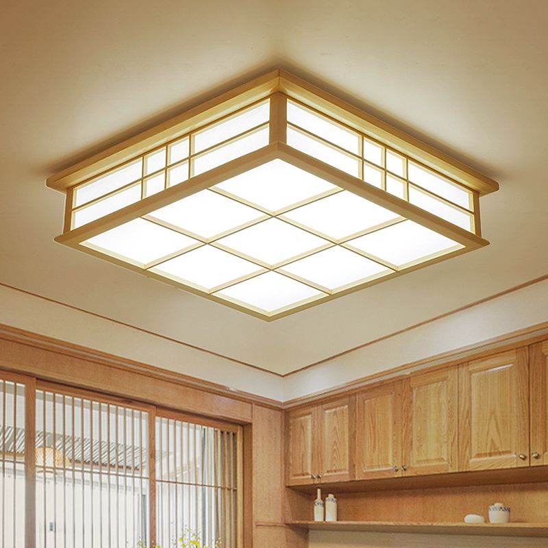 Lámpara de techo LED color beige con iluminación empotrada y rejilla cuadrada de madera, luz cálida/blanca