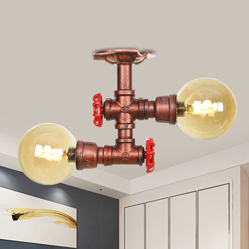 Plafonnier LED en verre ambré et cuivre, boule lumineuse à 2 têtes, luminaire de plafond semi-encastré pour ferme