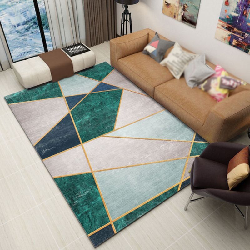 Green Tone Modern Indoor Rug Polyester Geometric Splicing Print Carpet Easy Care Rug for Home Decoration