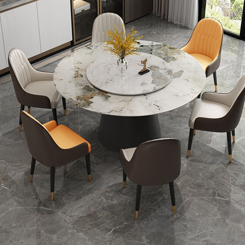 White Round Stone Dining Table Modern Convertible Furniture with Pedestal Base for Home
