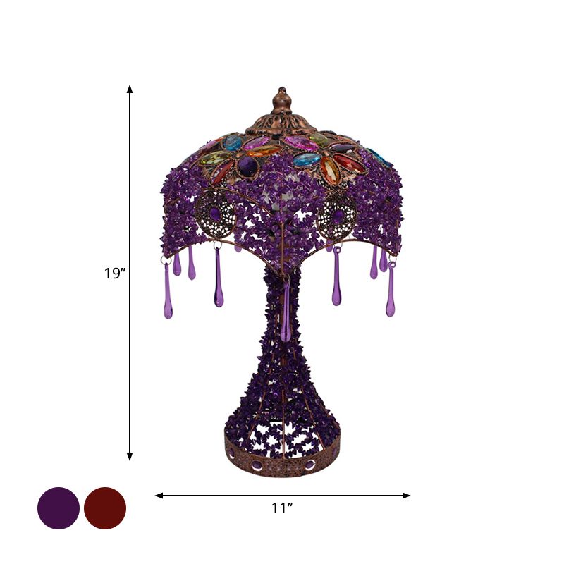 1-Light Nightstand Lamp Bohemian Stained Glass Bowl Hollowed-out Table Light with Flared Base in Purple/Red