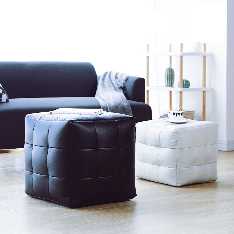 Contemporary Pouf Ottoman Genuine Leather Upholstered Tufted Square Ottoman