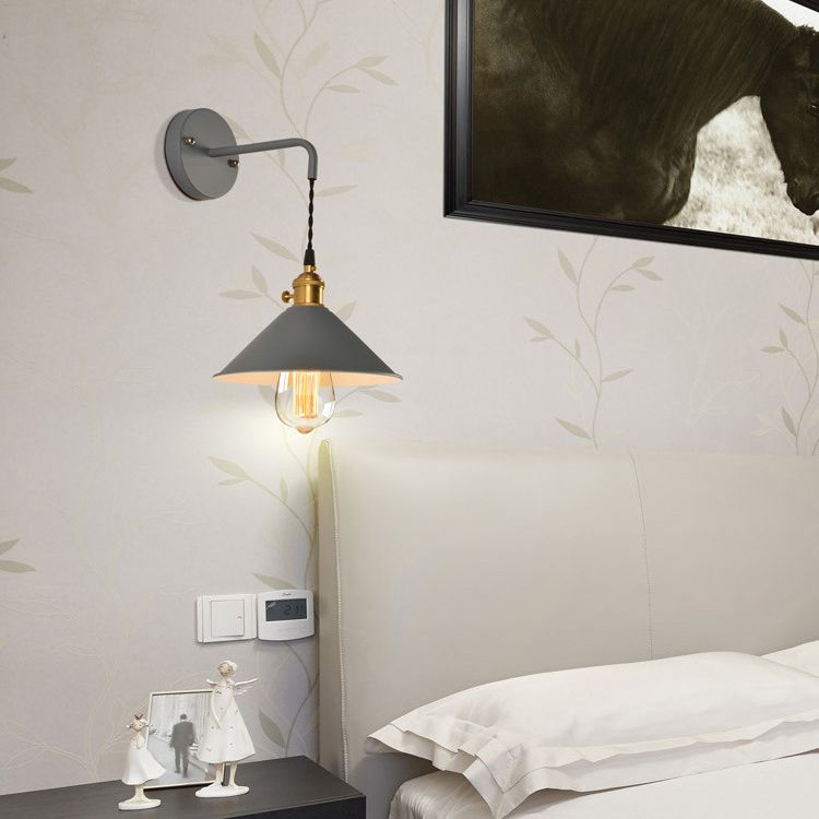 1-Lights Macaroon Style Simplicity Wall Lamp Metal Cone Shade Bedroom Sconce Light with Brass Rotary Switch