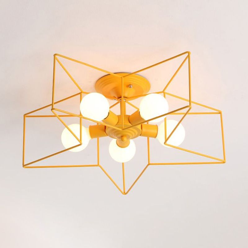 5 Bulbs Semi-Flush Ceiling Fixture with Star Cage Shade Metallic Loft Stylish Indoor Semi Flush Light in Grey/Pink