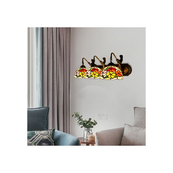 Stained Glass Bowl Sconce Light Fixture Victorian 3 Heads Brass Wall Mounted Light for Living Room