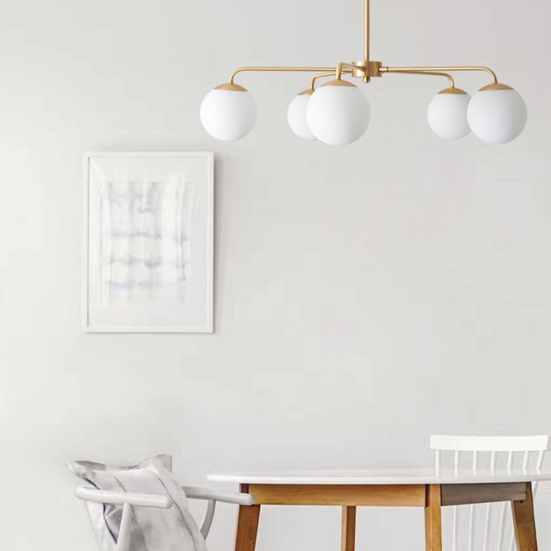 Milky Glass Global Chandelier Lamp Contemporary 5 Heads Brass Hanging Ceiling Light