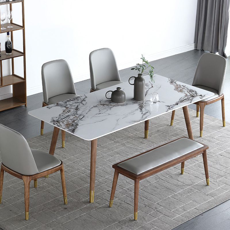 Mesa de comedor rectangular Colección de comedor de piedra con base de madera maciza