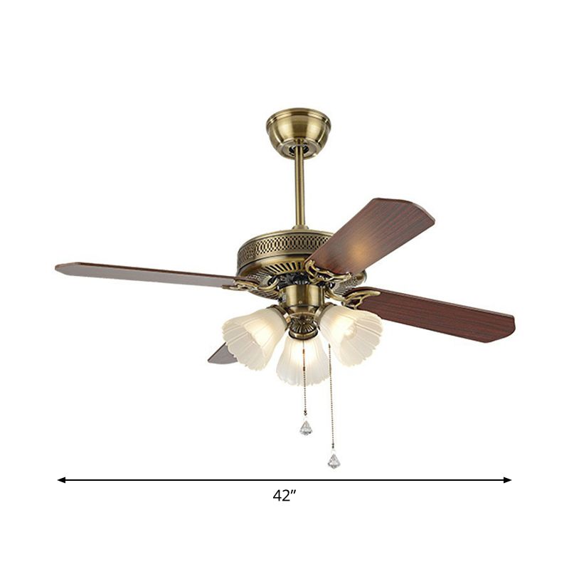 42" Wide 3 Bulbs Semi Flush Light Rustic Bell Shade Frosted Glass Pull Chain Ceiling Fan Lamp with 4 Blades