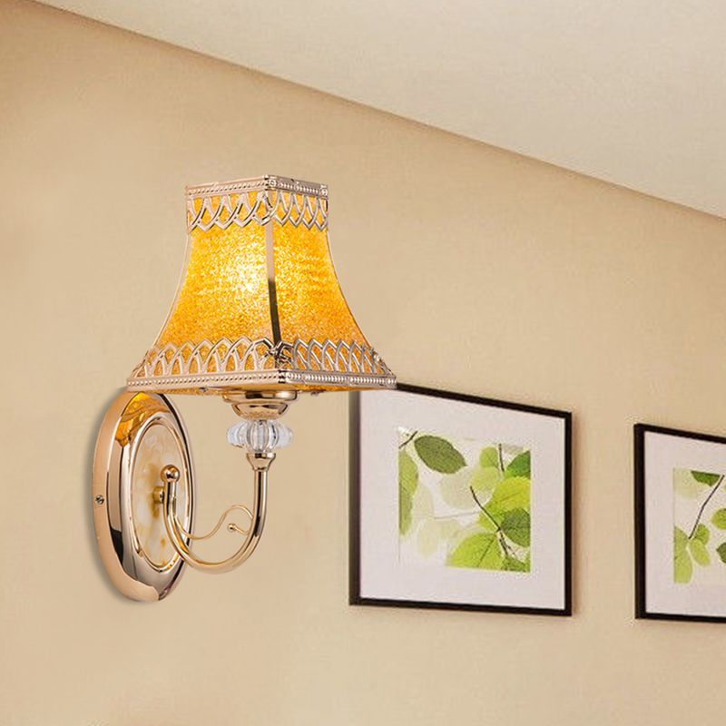 Single Bulb Bell Wall Sconce Colonial Gold Beveled Glass Wall Light with Arched Arm for Indoor