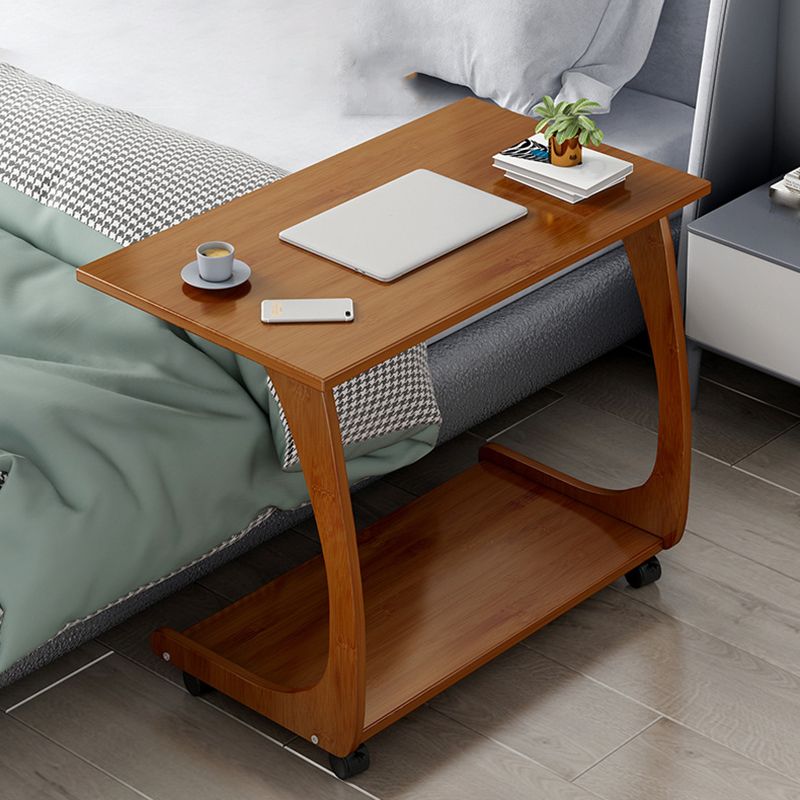 Bamboo Sofa Side Accent Table in Brown Modern 1 - Shelf End Table with Casters