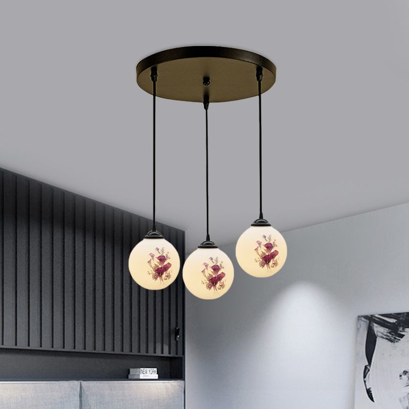 3 Heads Orb Multi-Pendant Modernism Black Finish White Frosted Glass Hanging Light Kit with Flower Pattern and Round/Linear Canopy