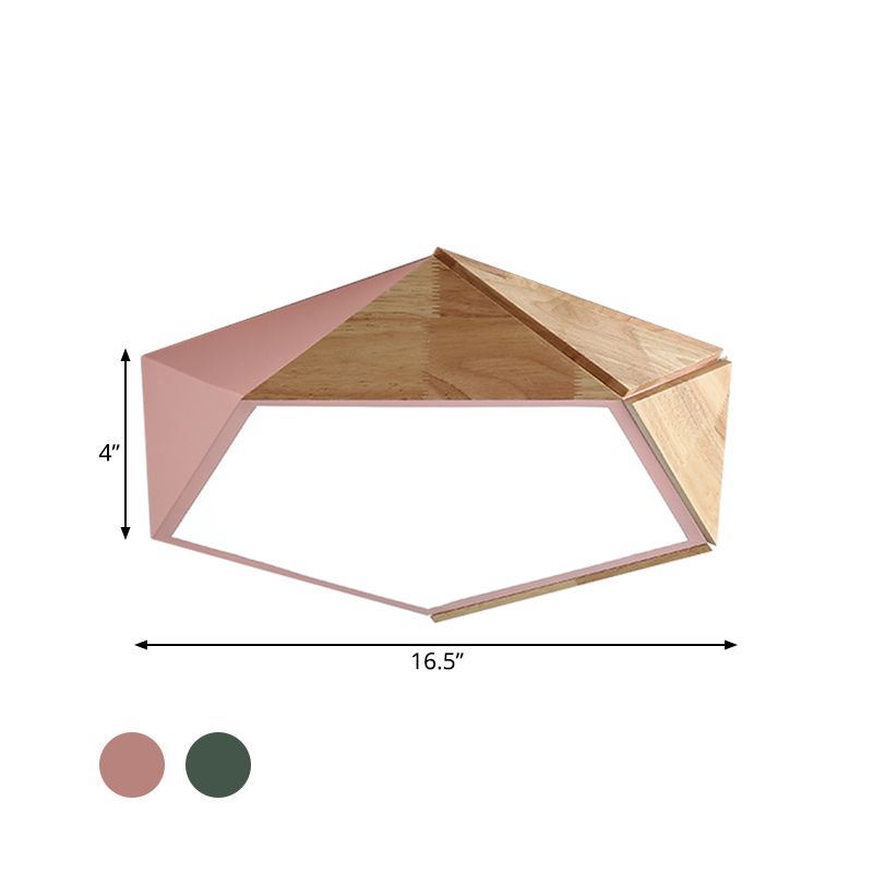 Wood Splicing 3D Pentangle Ceiling Flush Macaron Pink/Green LED Flush Mounted Lamp in Warm/White Light, 16.5/20.5 Inch Wide