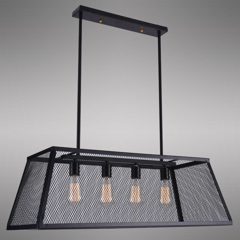 Iron Trapezoid Suspension Light Antique 4 Heads Restaurant Island Chandelier Light in Black