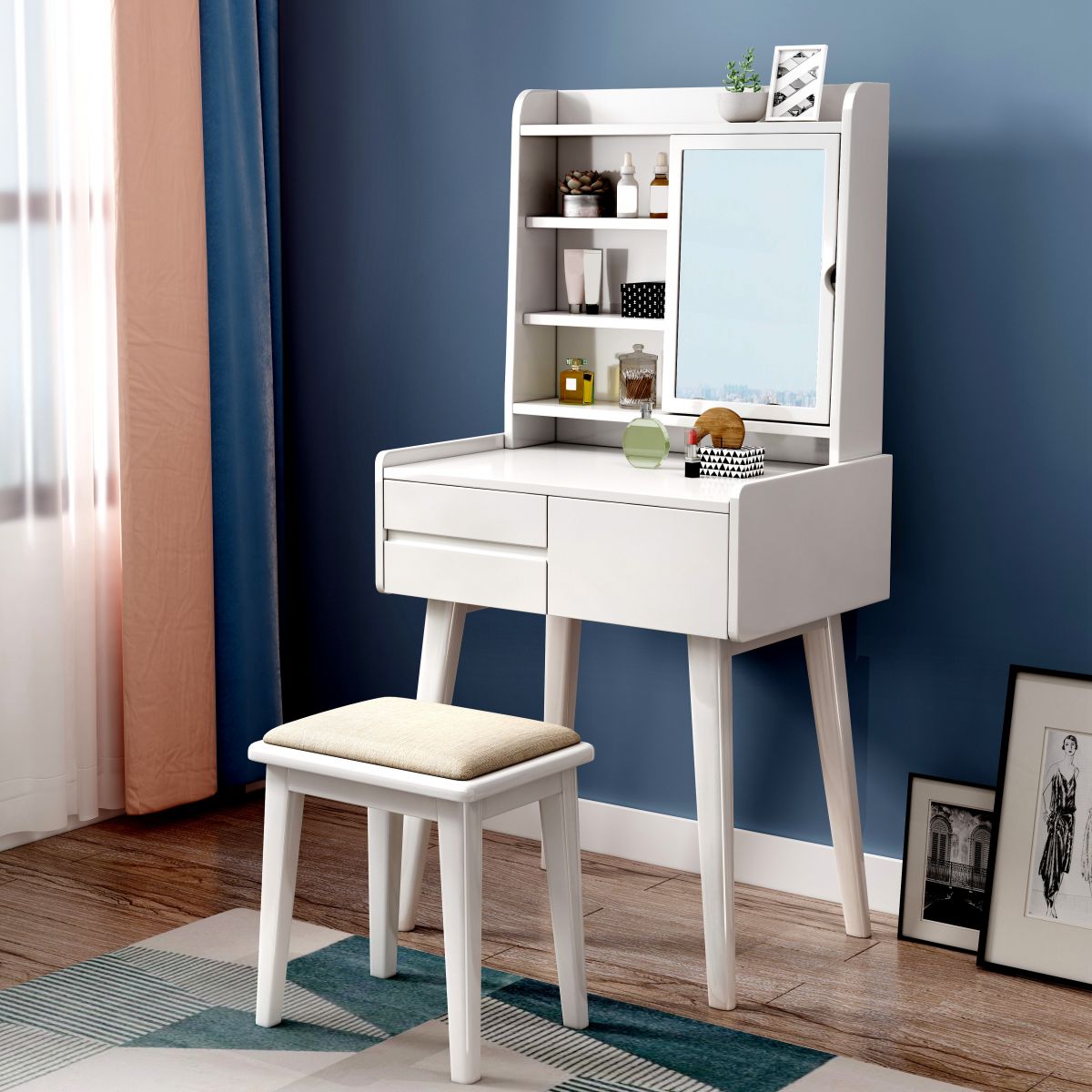 Scandinavian 3-Drawer Solid Wood Table Makeup Vanity with Mirror