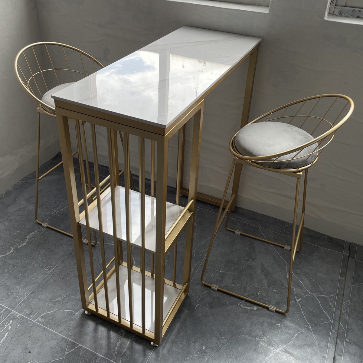 Glam 1/2/3 Pieces Bar Table Set Rectangle Stone Counter Table with High Stools