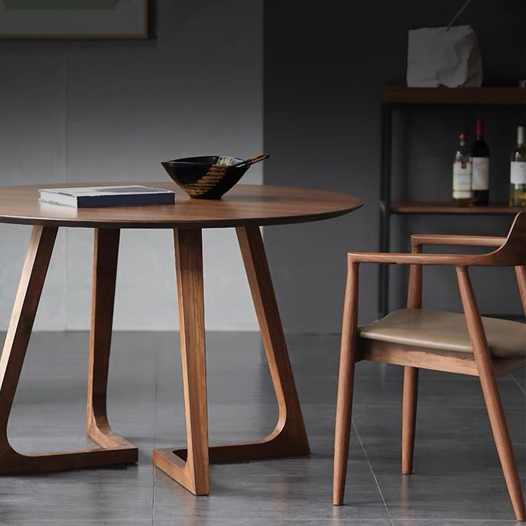 Modern Round Brown Rubberwood Dining Table with Double Pedestal