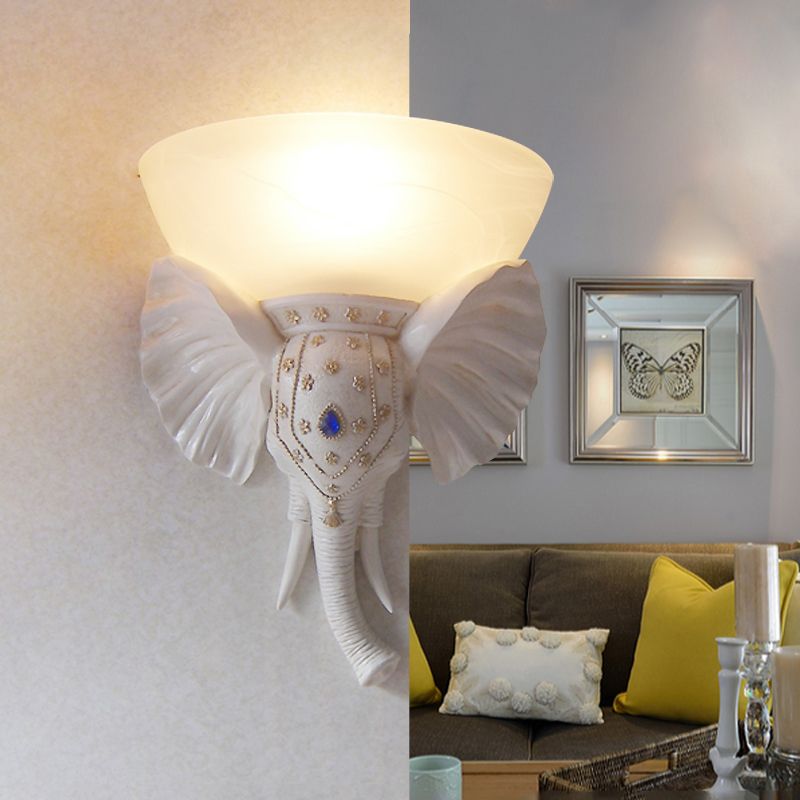 Beige Bowl Sconce Light Traditional Glass 1 Light Corridor Wall Mounted Light with Gold/White Resin Elephant Base