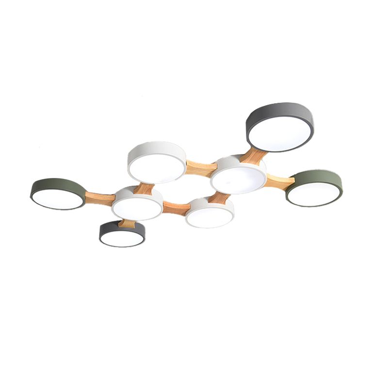 Ronde plafondlamp van hout en metaal, Scandinavisch 3/4/5-lichts grijs plafondverzonken plafond voor slaapkamer in warm/wit