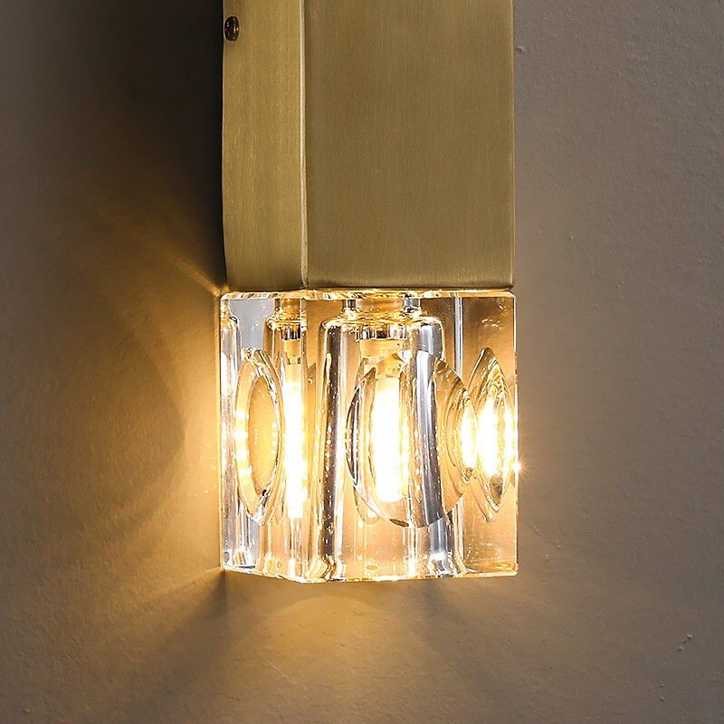 Modern Brass Wall Light Cuboid 12.5" High Wall Sconce with Crystal for Living Room