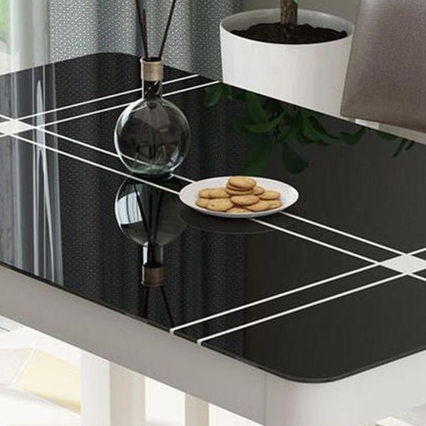 Contemporary Rectangle Black Glass Dining Table with 4 Steel Foot