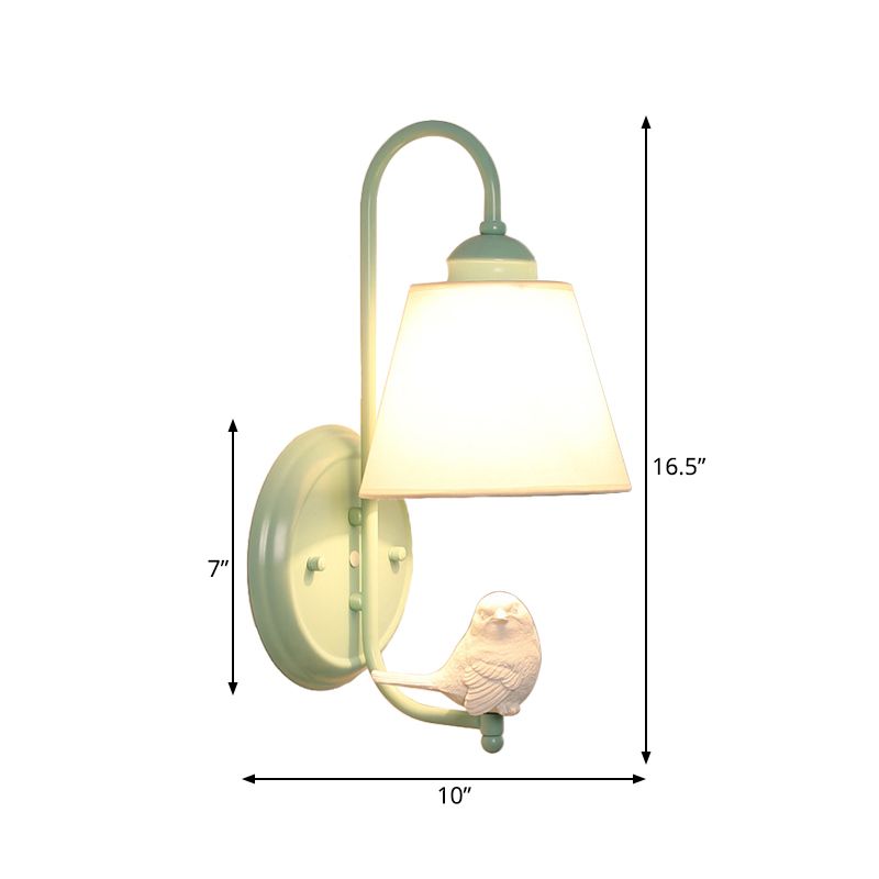 Macaron Style Bucket Shade Wall Light with Bird Deco One Light Metal Wall Sconce in Green for Nursing Room