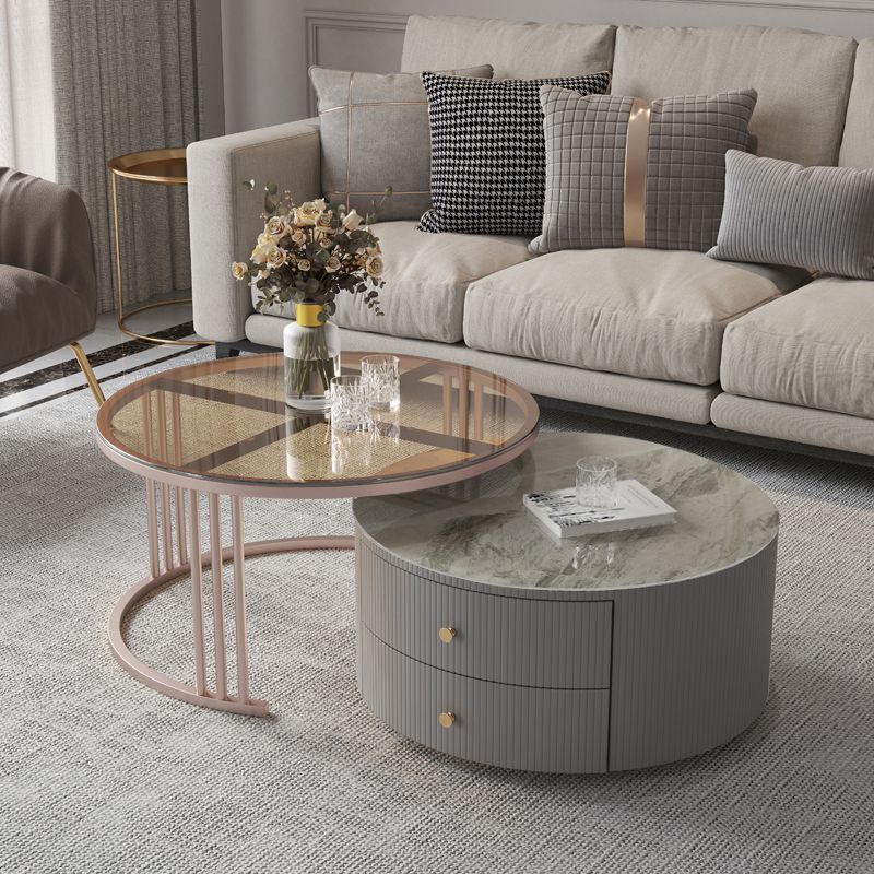 Modern Cocktail Table Round Glass / Slate Coffee Table with Storage