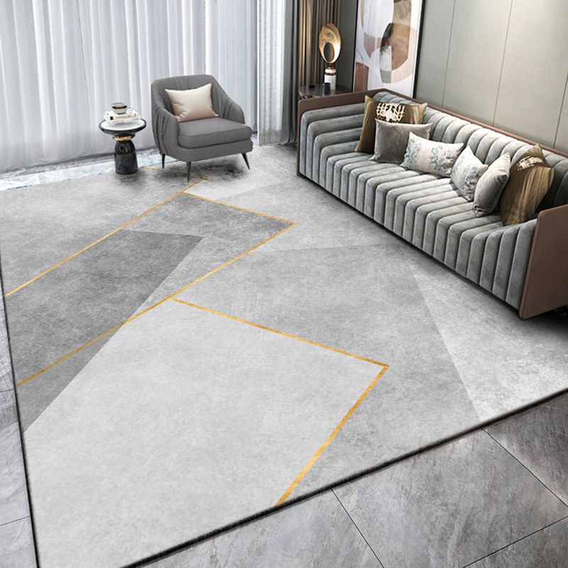 Grey Tone Geometric Lines Rug Polyester Carpet Relaxing Anti-Slip Backing Indoor Rug for Living Room