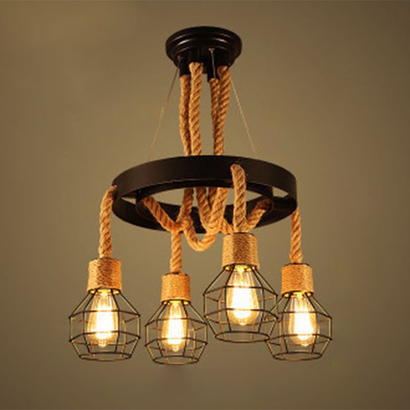 Lampadario a gabbia in metallo nero retrò retrò ruota a corda di corda lampada per il ristorante