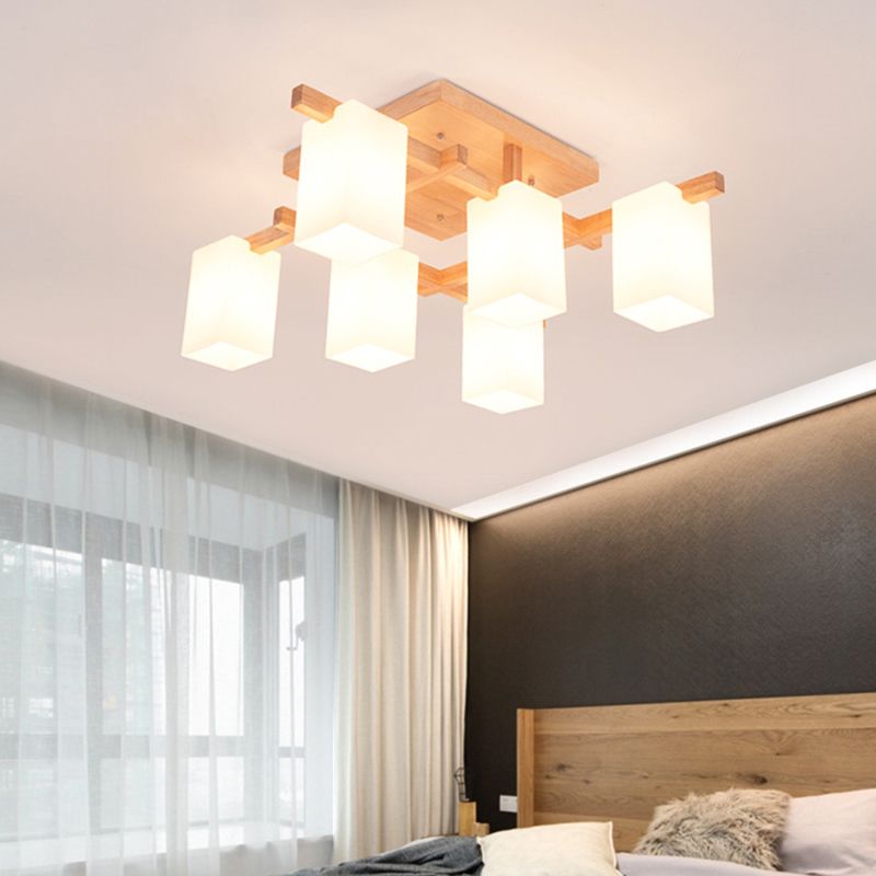 Square Semi Flush Light Modern Wood Living Room Flush Mount Ceiling Chandelier with Rectangle White Glass Shade