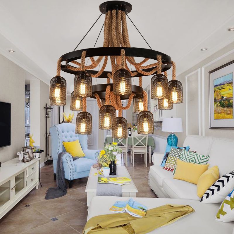 4 Lights Ring Hanging Light with Mesh Shade and Rope Industrial Black Metallic Chandelier Lamp for Foyer