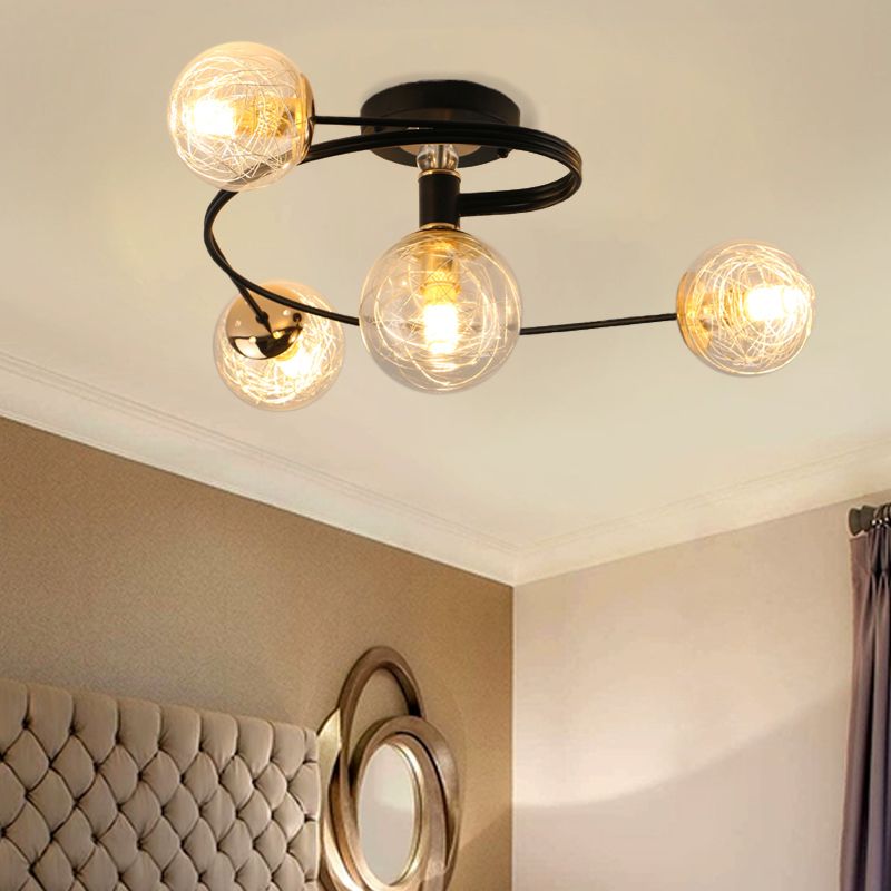 Orb Shade Ceiling Light Fixture Simplicity Transparent Glass 4 Bulbs Black Semi Flush Mount