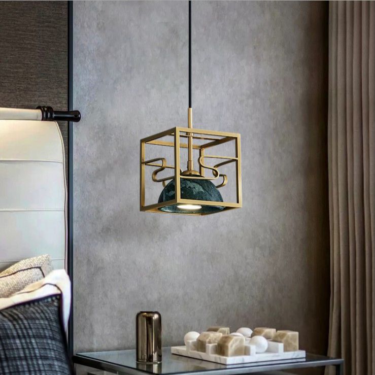 Blackish Green Shade Pendant Light Retro Nordic 1-Light Marble Hanging Light with Gold Cage