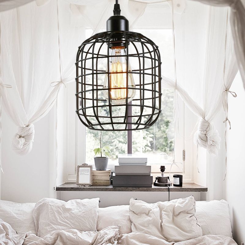 1 Lichtzylindrische Drahtkäfig-Anhänger Beleuchtung Retro Black Metall Hanging Deckenleuchte für das Restaurant