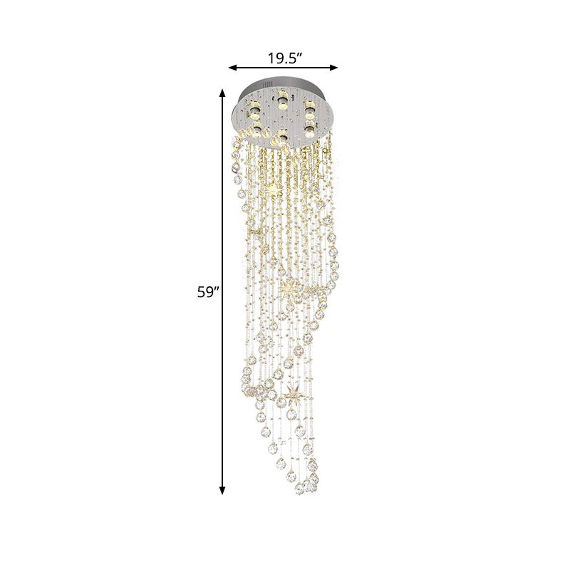 Crystal Silver LED Cluster Pendant Light Waterfall 6 Heads Modern Ceiling Suspension Lamp