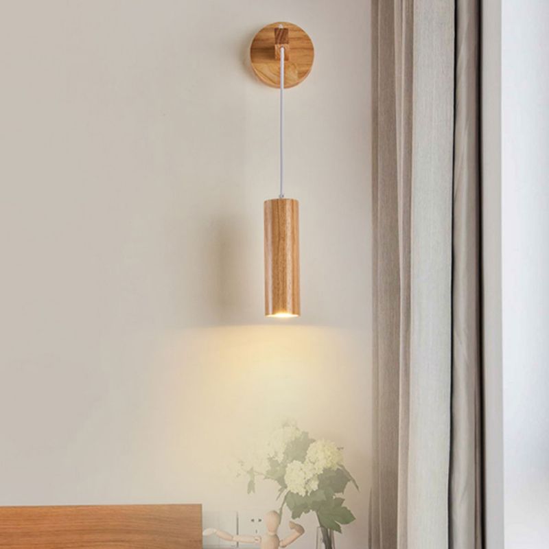 Modern Style Cylinder Shape Wall Light Wood 1 Light Sconces for Bedroom