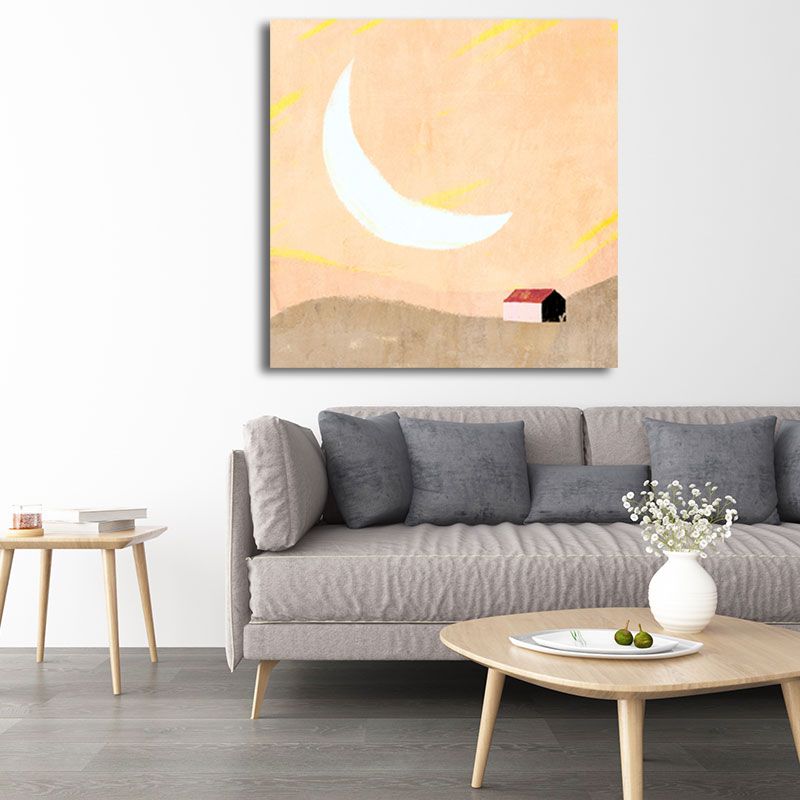 Moon Mountain Landscape Painting Childrens Art Textured Wall Decor in Pastel Color