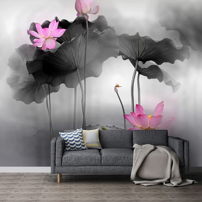 Chinesische Aquarell-Lotusteich-Wandbilder für das Wohnzimmer, personalisierte Wanddekoration in Schwarz-Rosa