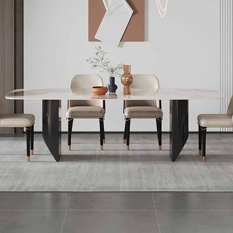 Rectangle Stone Top Dining Table Contemporary Dining Table with Double Pedestal Base