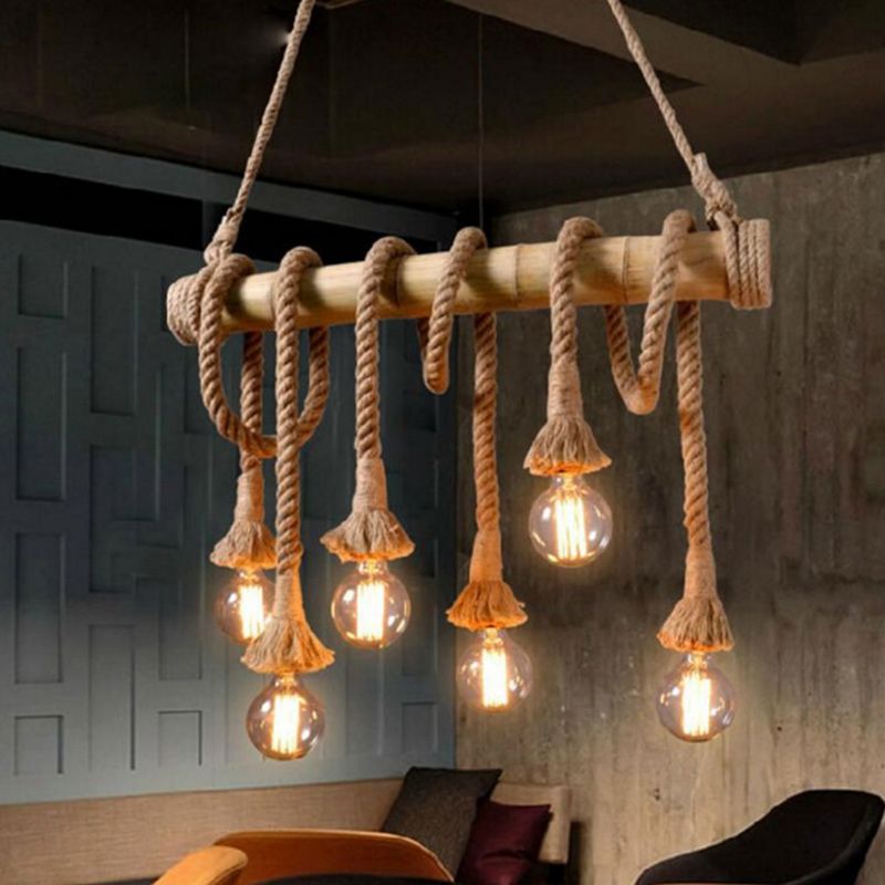 Hemp Rope Pendant Lamp Industrial Style Beige Linear Restaurant over Island Lighting