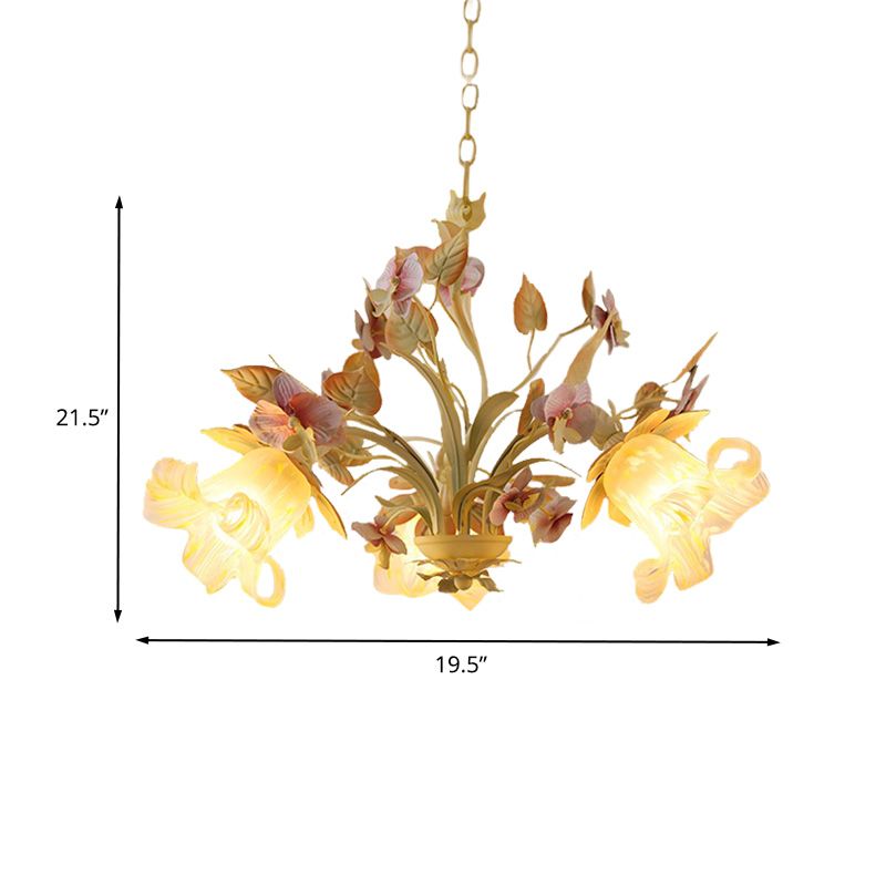 Starburst White Glass Chandelier Countryside 3/6-Bulb Bedroom Pendant with Flower and Leaf Decor