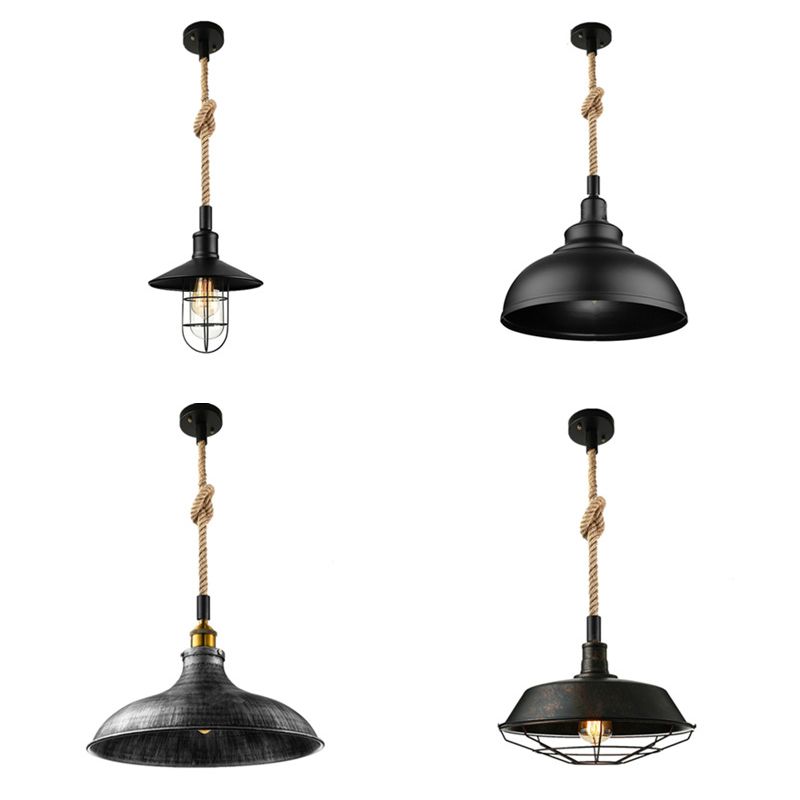 Barn/Bowl/Saucer Iron Suspension Light Farmhouse Single Dining Room Ceiling Pendant in Black with Hemp Rope Cord