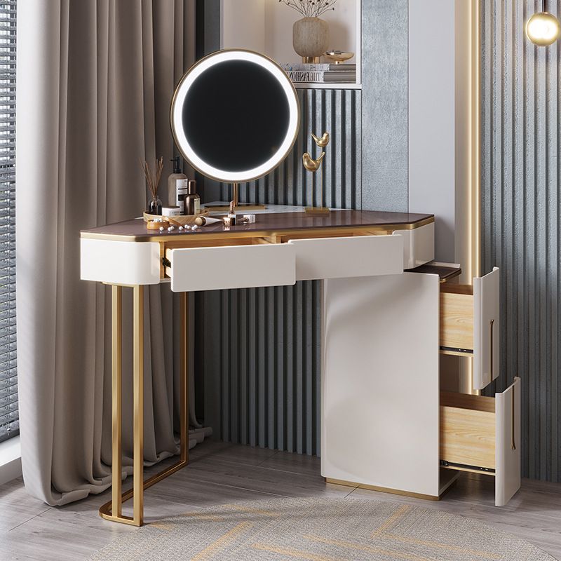 Mirrored Vanity Table and Stool Set 4 Drawers Glass Top Vanity Desk