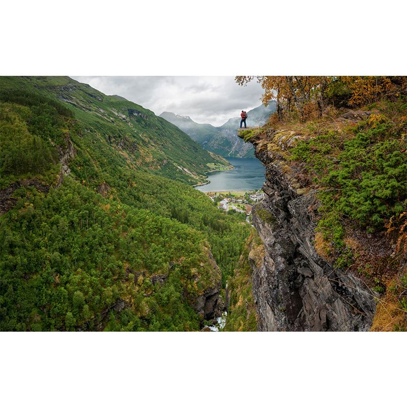 Modern Man on Cliff Mural Green Mountain Landscape Wall Art for Bedroom, Custom Print