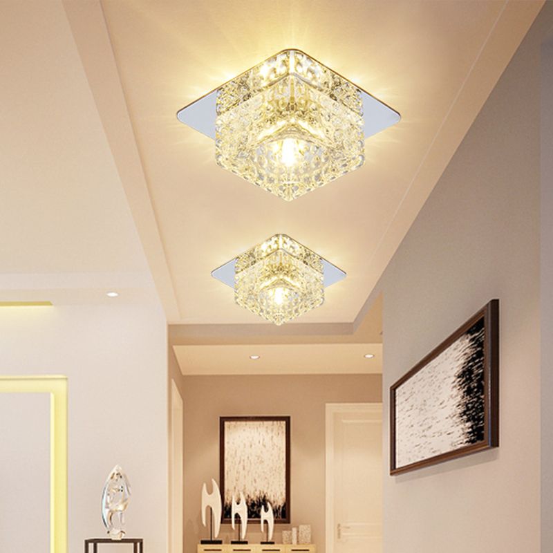 Beveled Crystal Square Flush Ceiling Light Minimalist LED Chrome Flushmount Lighting