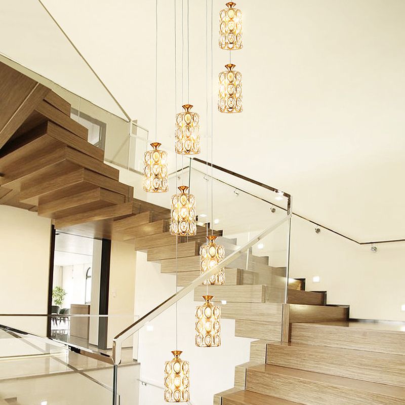 8-Light Multi Ceiling Light Modernism Cylinder Crystal Hanging Lamp Fixture in Brass
