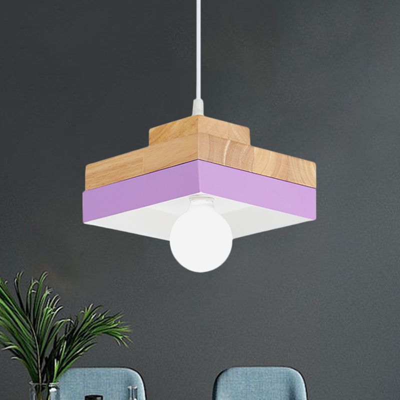 Macaron Circle/Square Down Lighting Metal 1-Light Living Room Hanging Ceiling Lamp in Orange/Purple/Yellow and Wood