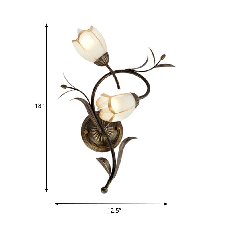 2 Heads Floral Shape Wall Lighting Traditional White Glass Sconce Lamp with Metal Backplate, Left/Right