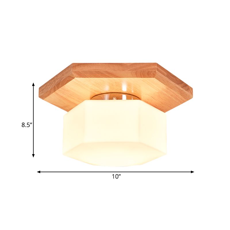 Cream Glass Hexagon Flush Ceiling Light Nordic 1 Light Flushmount Lighting with Wood Canopy
