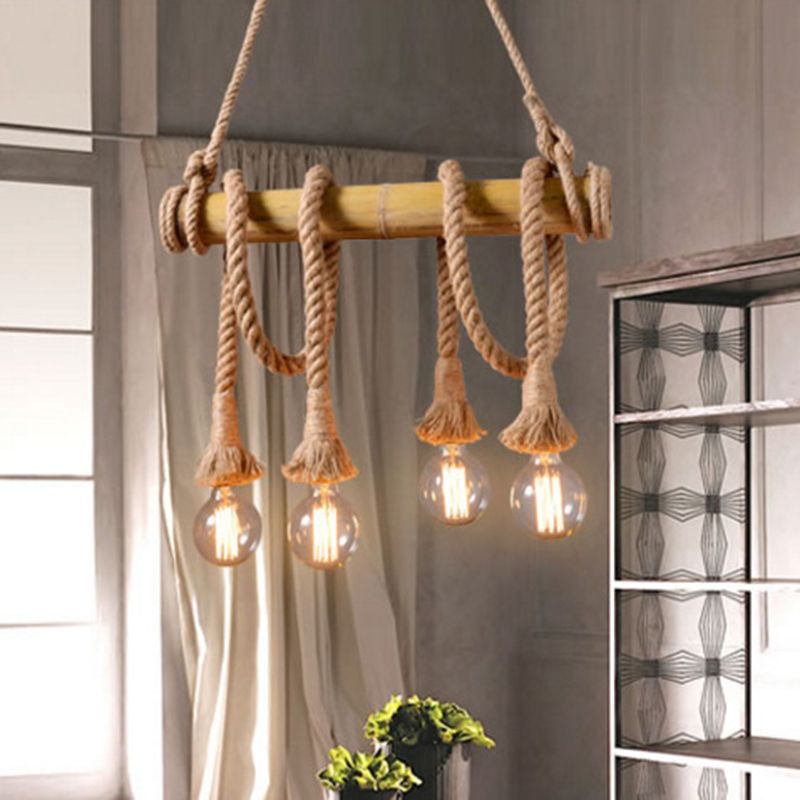 Flaxen Exposed Bulb Hanging Light Rustic Restaurant Island Ceiling Light with Bamboo Tube
