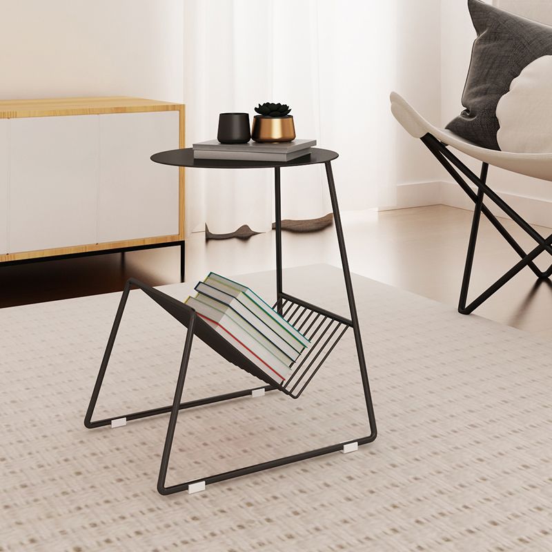 Mid-Century Metal Round Top Side Table Abstract End Table with Magazine Rack